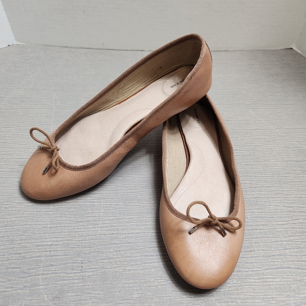 Lands' End Women's Beige Tan Ballet Flats Shoes Size 8D Round Toe Bows Slip On
